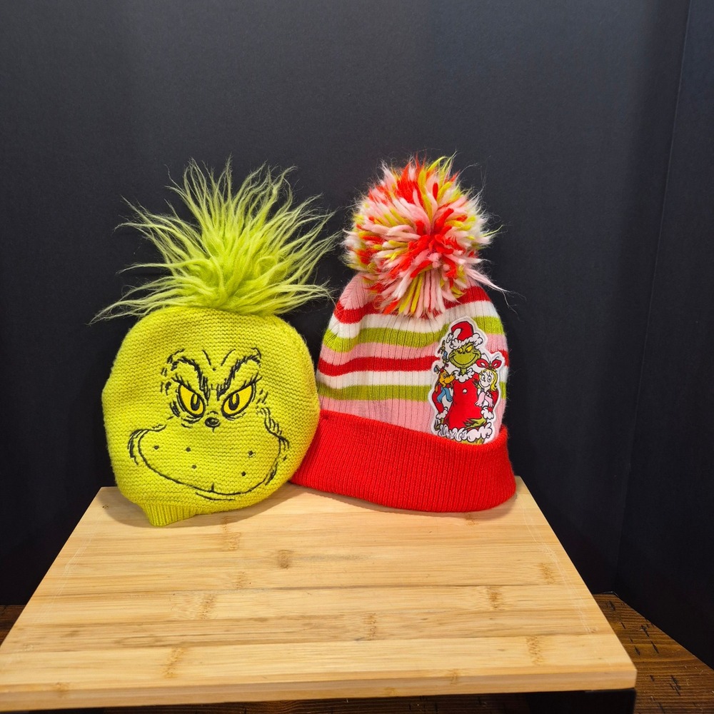 Dr. Seuss The Grinch Kid Hats Embroidered Patch Pom Pom Set of 2 Holiday Cartoon